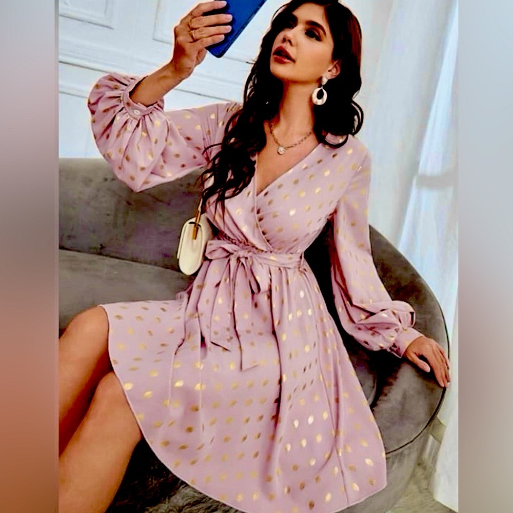 SHEIN Pink Wrap Tie Front Long Sleeve Dress